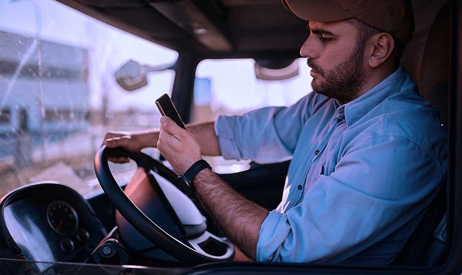 Truck driver on cell phone behind wheel of semi truck