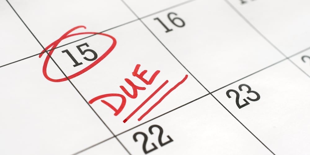 Calendar with the 15th of the month circled next to "Due" with a double underline