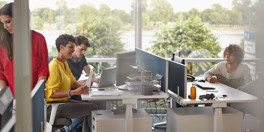 Employees working near window in open office