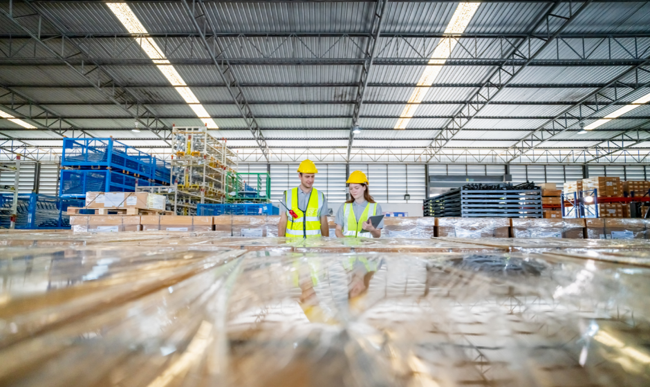 Warehouse workers examine pallets